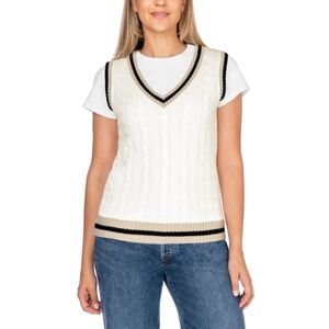 Women's Cream Cable-Knit V-Neck Sweater Vest with Contrast Trim